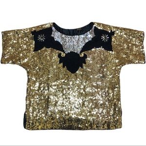 Vintage 80s Silk Sequin Beaded Gold Silver Black Sparkly Blouse w/ Shoulder Pads